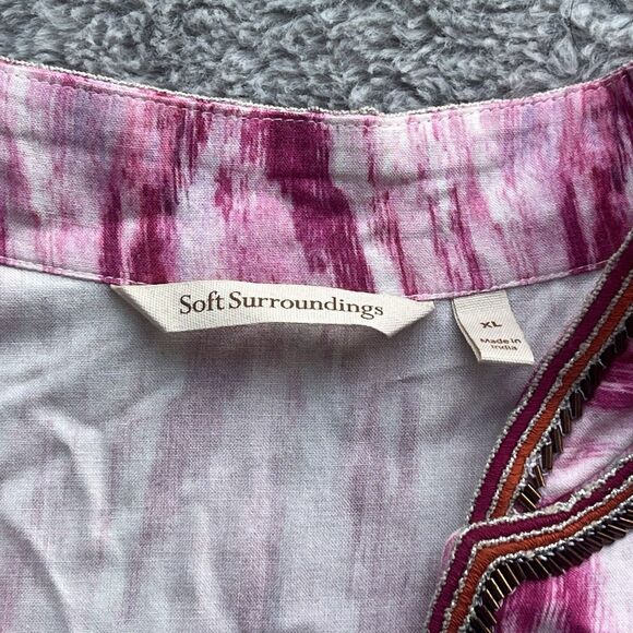 Soft Surroundings Altea Ikat Pink Floral Tunic Blouse Beaded Embroidered Size XL - Picture 4 of 10